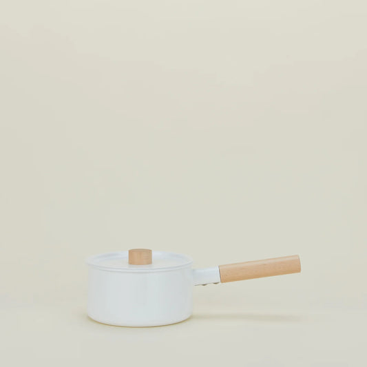 Golden Linen White Enameled Sauce Pan with Maple Handle