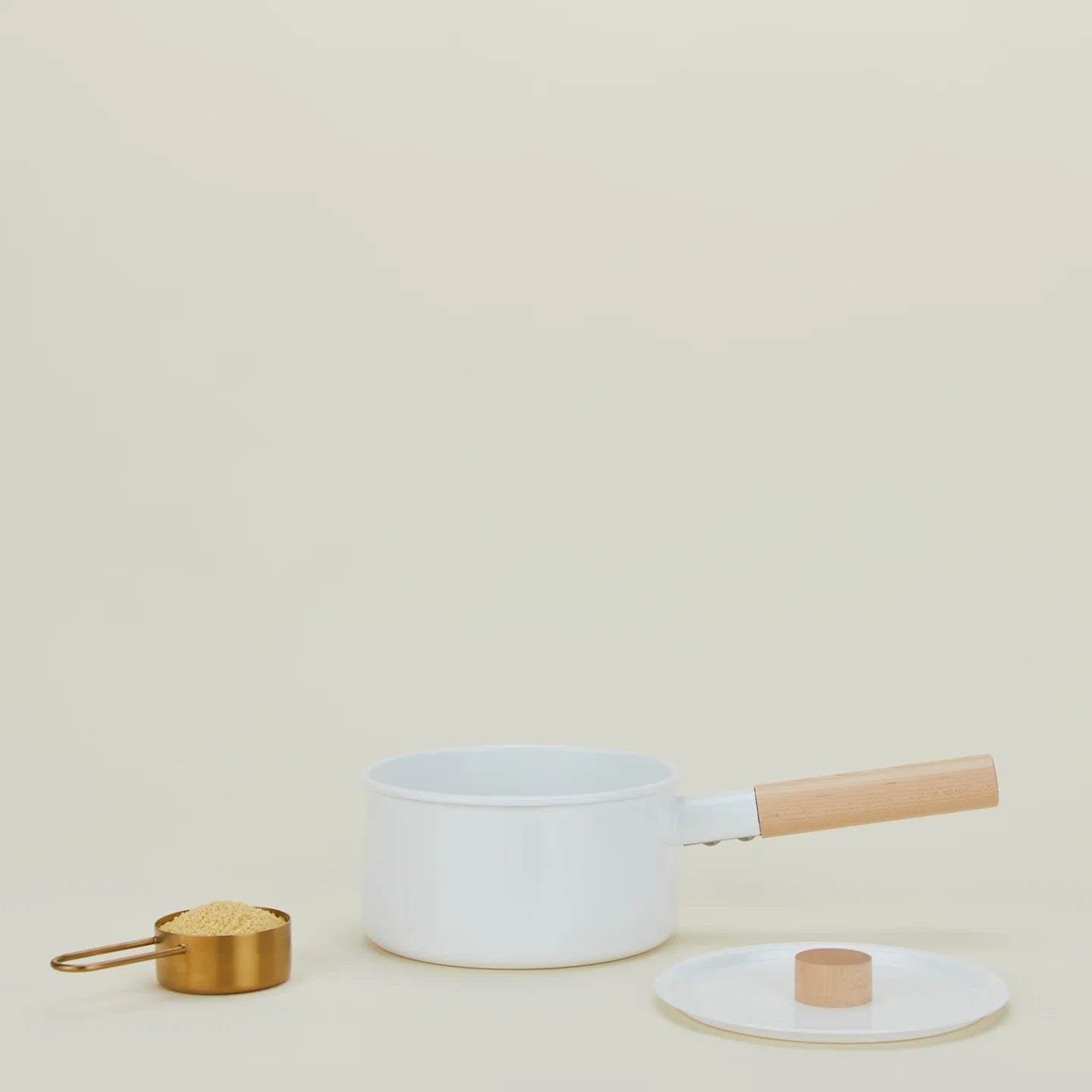 Enameled Sauce Pan - White Japanese Enamel with Maple Handle