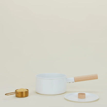 Enameled Sauce Pan - White Japanese Enamel with Maple Handle