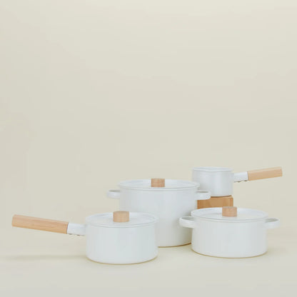 Enameled Sauce Pan - White Japanese Enamel with Maple Handle