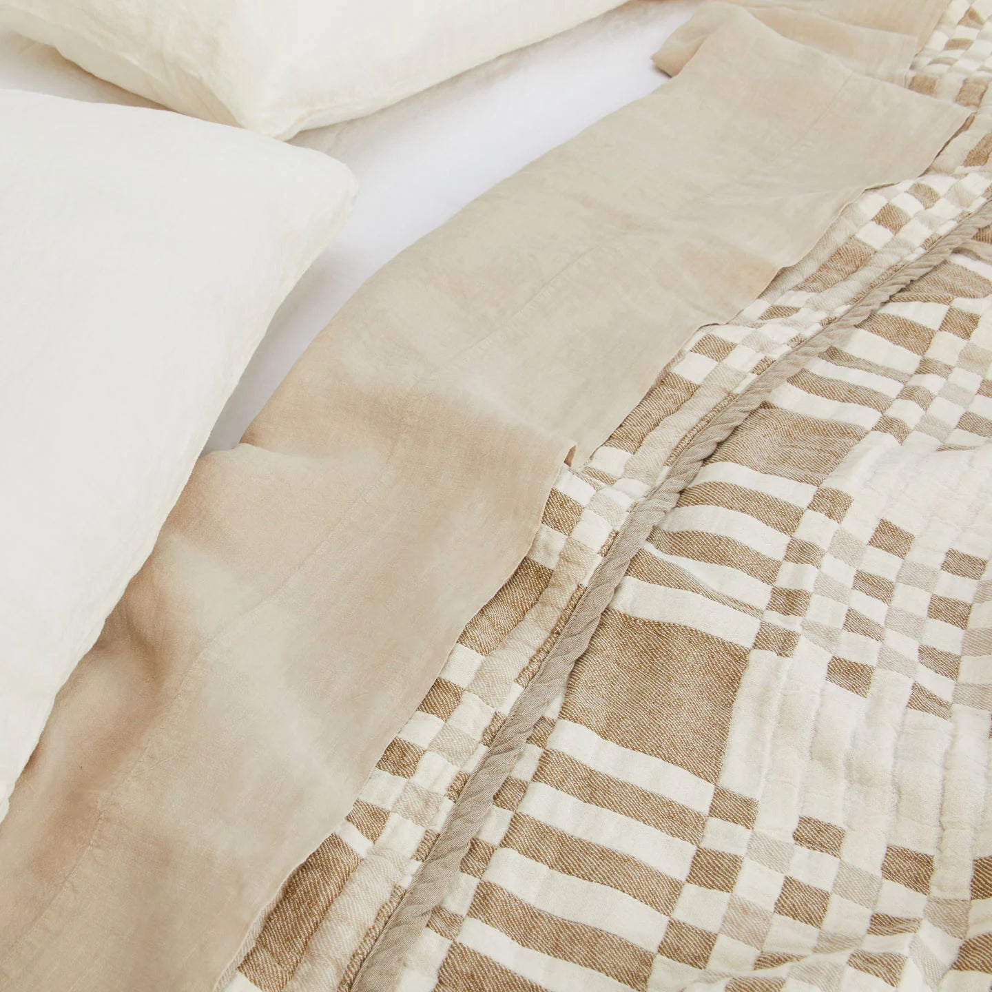 Plaid Blanket - Ivory/Flax 100% Cotton Quilted Throw