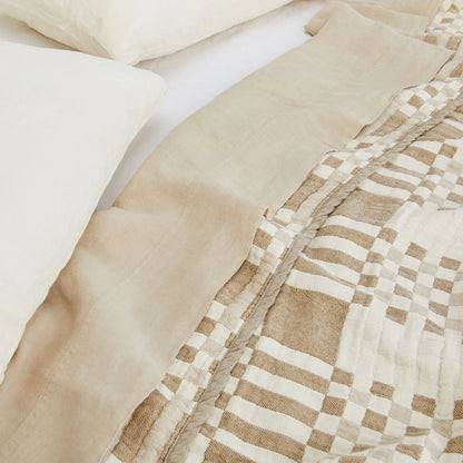 Plaid Blanket - Ivory/Flax 100% Cotton Quilted Throw