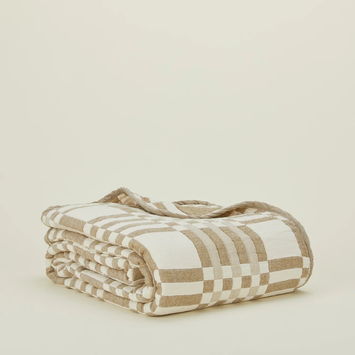 Plaid Blanket - Ivory/Flax 100% Cotton Quilted Throw