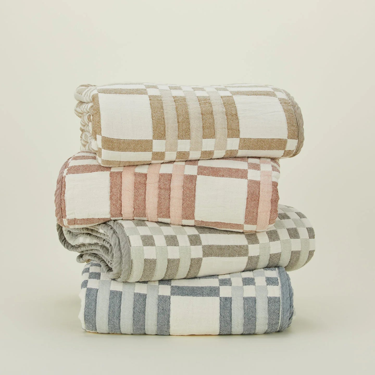 Plaid Blanket - Ivory/Flax 100% Cotton Quilted Throw