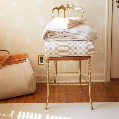 Plaid Blanket - Ivory/Flax 100% Cotton Quilted Throw