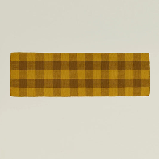 Golden Linen Simple Plaid Runner Rug in Mustard/Bronze on a hallway floor